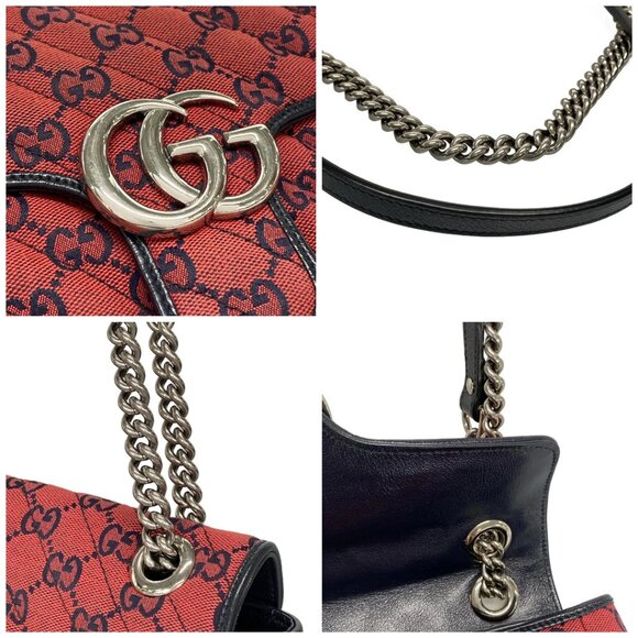 Auth GUCCI GG Marmont Quilting Small Shoulder Bag Red Navy Jacquard - Picture 11 of 14